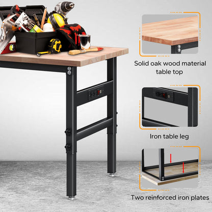 48" Adjustable Work Bench with Power Outlet & Soild Oak Hardwood Top - Heavy-Duty Worktable for Garage, Workshop, Office, Home - 2000 lbs Capacity - WoodArtSupply