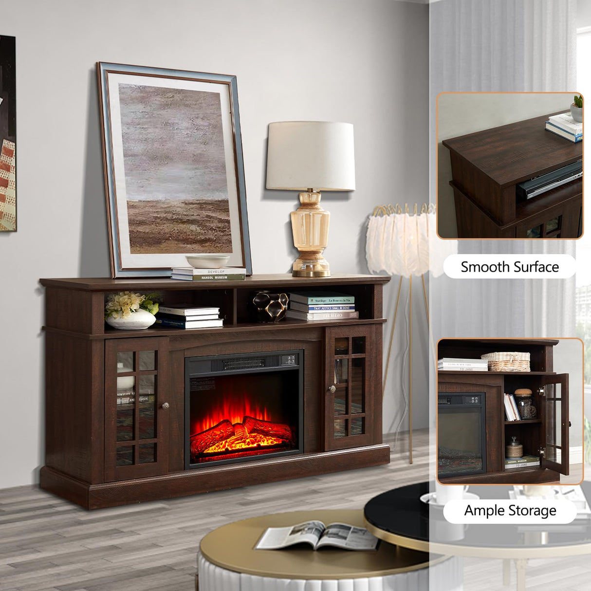 Electric Fireplace TV Stand,Contemporary TV Media Stand,Modern Entertainment Console with 23" Fireplace Inset, TV Media Stand with Storage Space, Media Console for Living Room Bedroom,Espresso Firscook