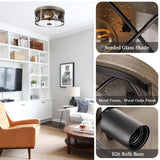 Rosient Rustic Close to Ceiling Light Fixtures, Farmhouse Wood Grain Flush Mount Ceiling Lighting, Metal Cage Lighting with Seeded Glass for Home Kitchen Dining Room Bedroom Hallway Entryway Foyer Rosient