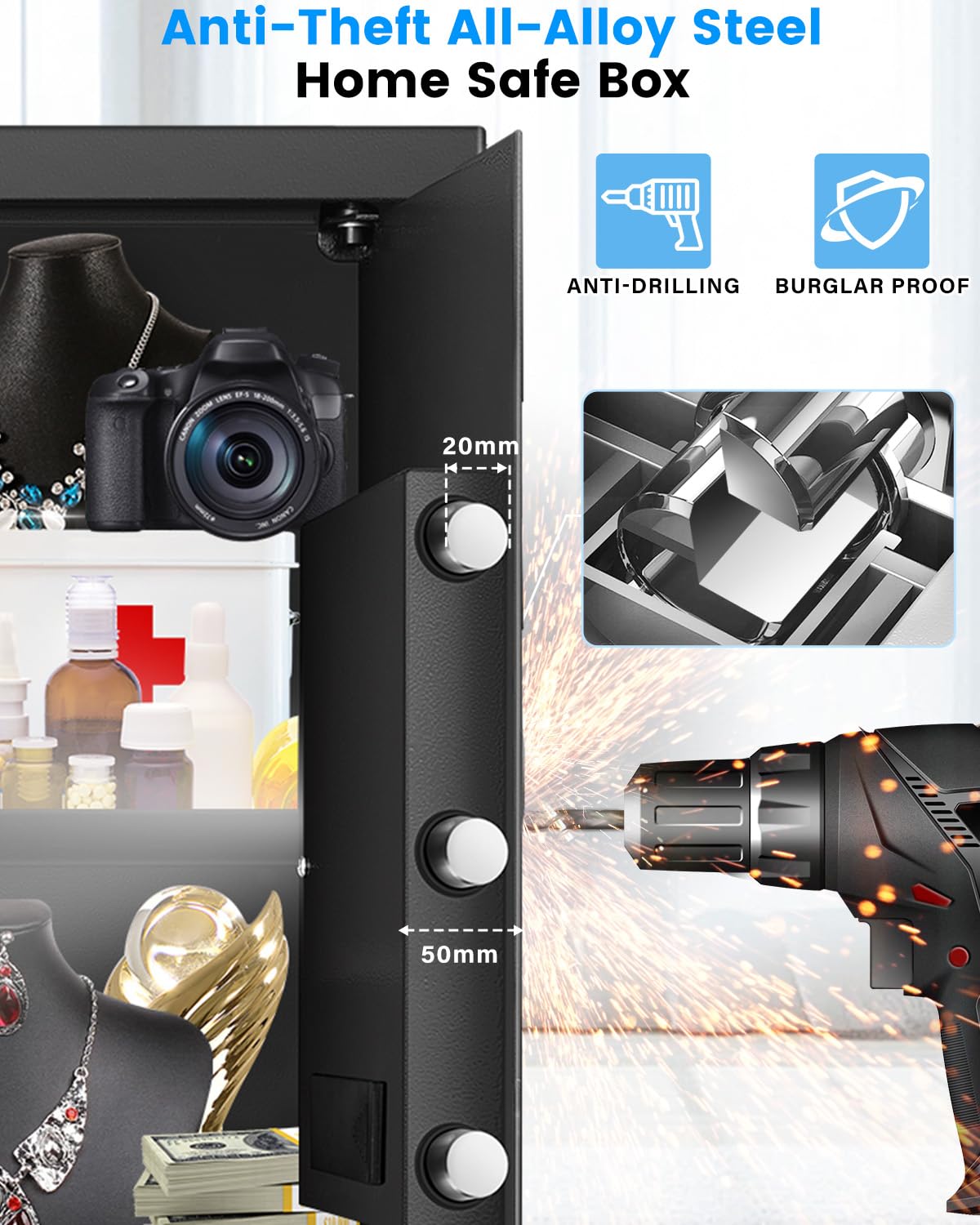 Safe Box, 3.2 Cuft Home Safe with Fireproof Waterproof Bag, Anti-Theft Digital Security Safes with Smart Alert System, Removable Shelf, Mute Function, Document Safes for Money Jewelry FOWORE