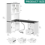 YITAHOME L Shaped Executive Desk with Hutch and Drawers, Farmhouse Home Office Desk with Power Outlet, Wood Corner Computer Desk with Sliding Door, Storage Cabinet with Glass Door, White & Black YITAHOME