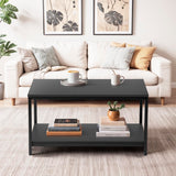 SUPER DEAL 2-Tier Industrial Coffee Table with Storage Shelf for Small Apartment Living Room, Rectangle Wood and Stable Metal TV Stand Side End Table, Black SUPER DEAL