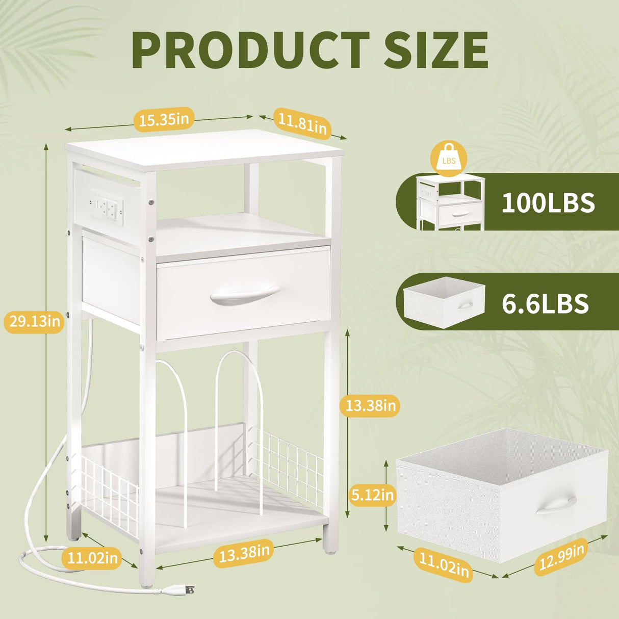 Yoobure Side Table - Night Stand with Charger Station & LED Light, 3 Tier Small End Table Living Room, Bedside Table with Drawer, Record Player Stand with Vinyl Storage, White Nightstand for Bedroom Yoobure