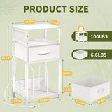 Yoobure Side Table - Night Stand with Charger Station & LED Light, 3 Tier Small End Table Living Room, Bedside Table with Drawer, Record Player Stand with Vinyl Storage, White Nightstand for Bedroom Yoobure
