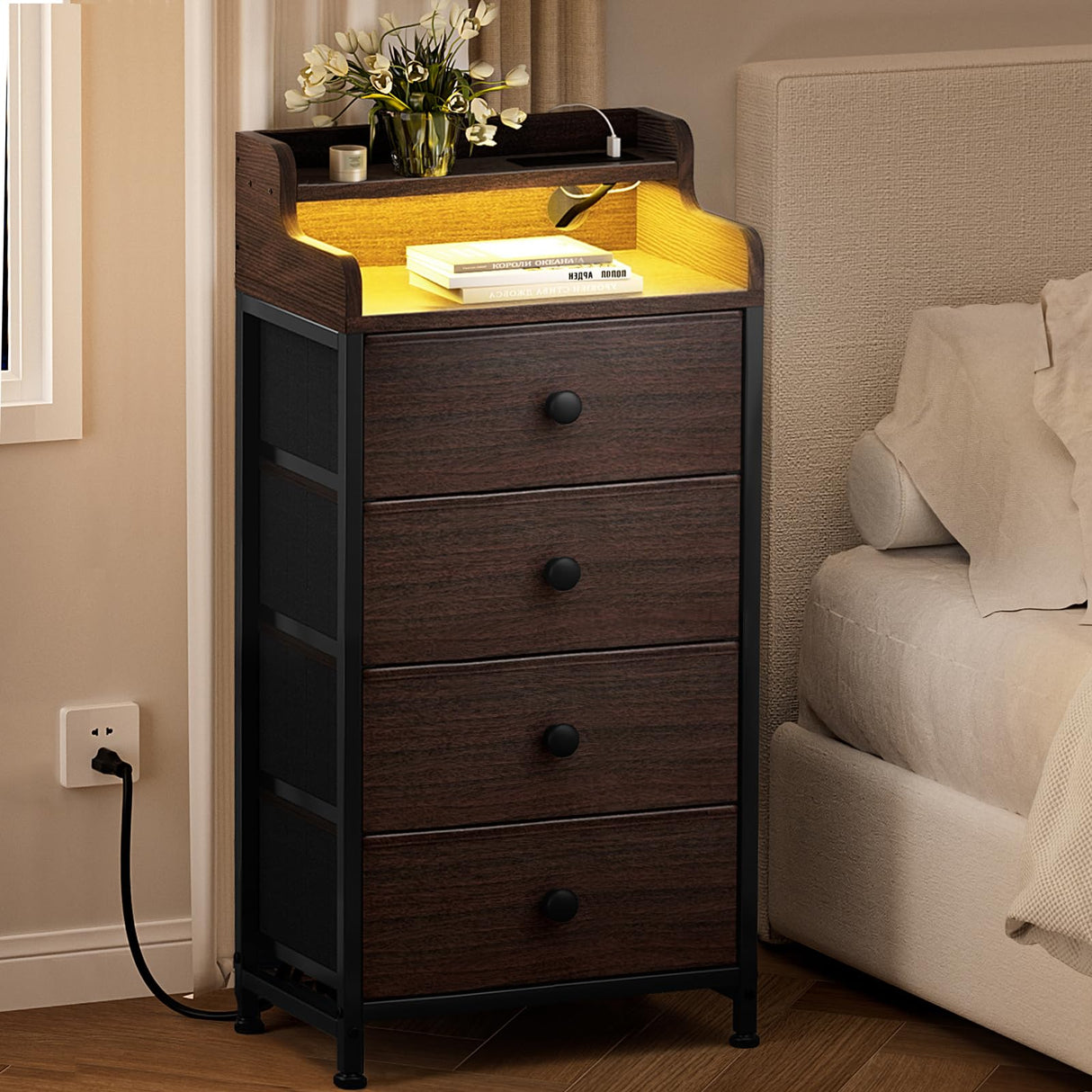 REAHOME Nightstand with Charging Station and LED Light, Tall Brown Night Stand with 4 Drawers and 2-Tier Shelf, Bedside Table with Sturdy Steel Frame Wood Top for Bedroom, Living Room - Brown REAHOME