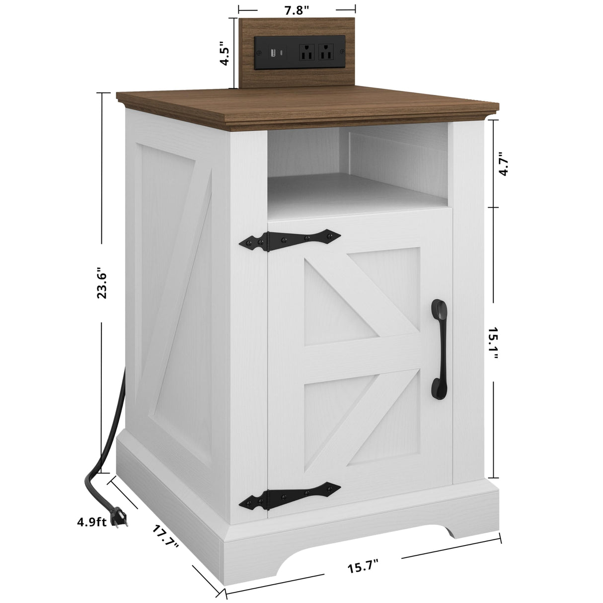 IRONCK Farmhouse Nightstand with Charging Station, Rustic Night Stand with Barn Door and Shelf, Rustic End Table Side Table with Storage for Bedroom, White/Walnut IRONCK