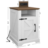 IRONCK Farmhouse Nightstand with Charging Station, Rustic Night Stand with Barn Door and Shelf, Rustic End Table Side Table with Storage for Bedroom, White/Walnut IRONCK