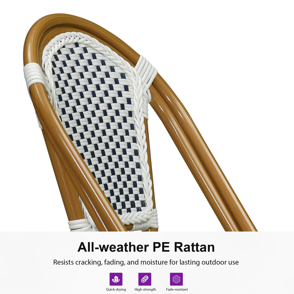 PURPLE LEAF Outdoor Dining Chair Set of 2 Patio French Aluminium Frame in Bamboo Finish with Sky Blue & White Woven Rattan for Indoor Kitchen Deck Bistros Cafe Restaurant PURPLE LEAF