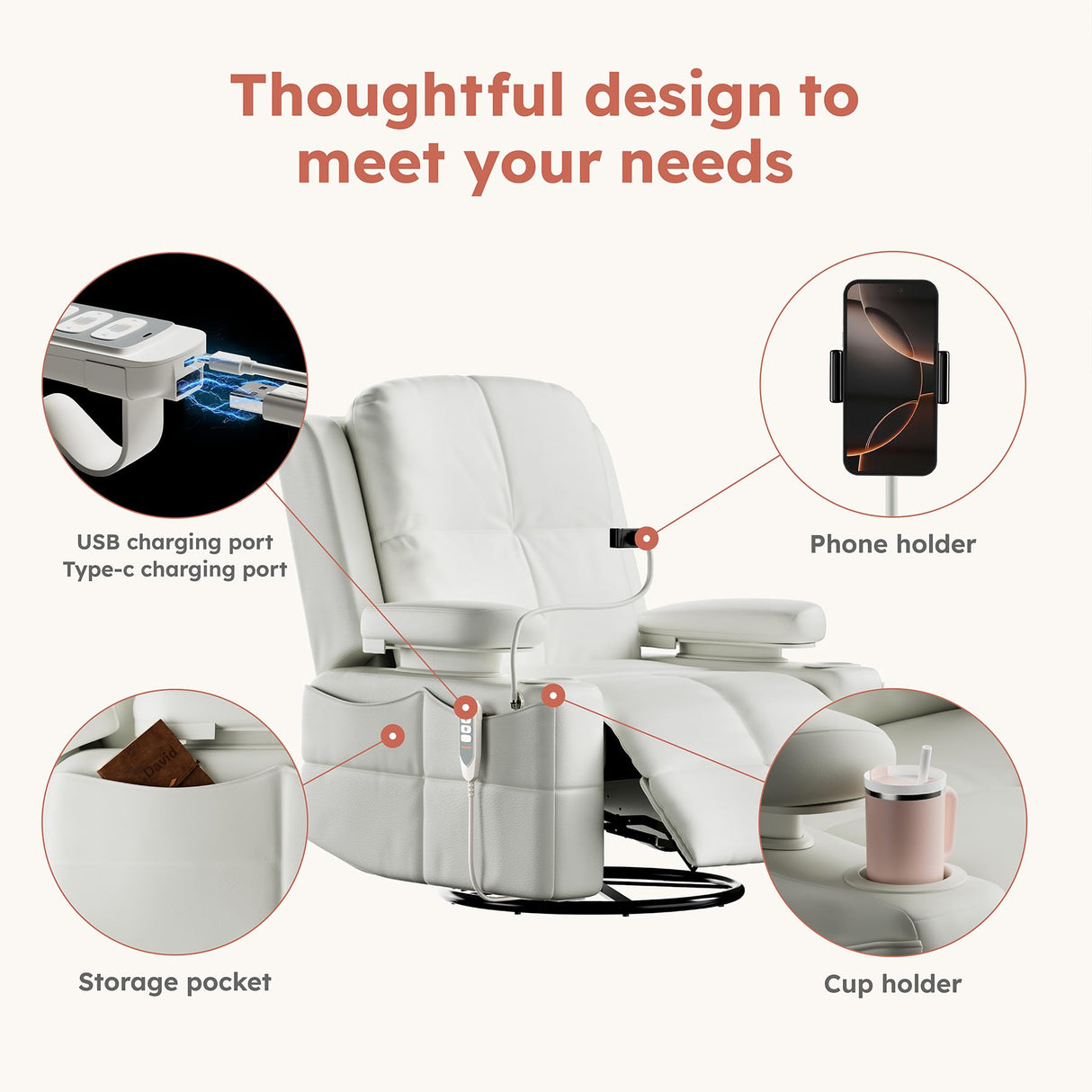 Triple Motor Power Swivel Rocker Recliner Chair with Adjustable Armrests for Adults Elderly, FSC Certified Faux Leather Rocking Chair Nursery for Breastfeeding(White) MAMAZING