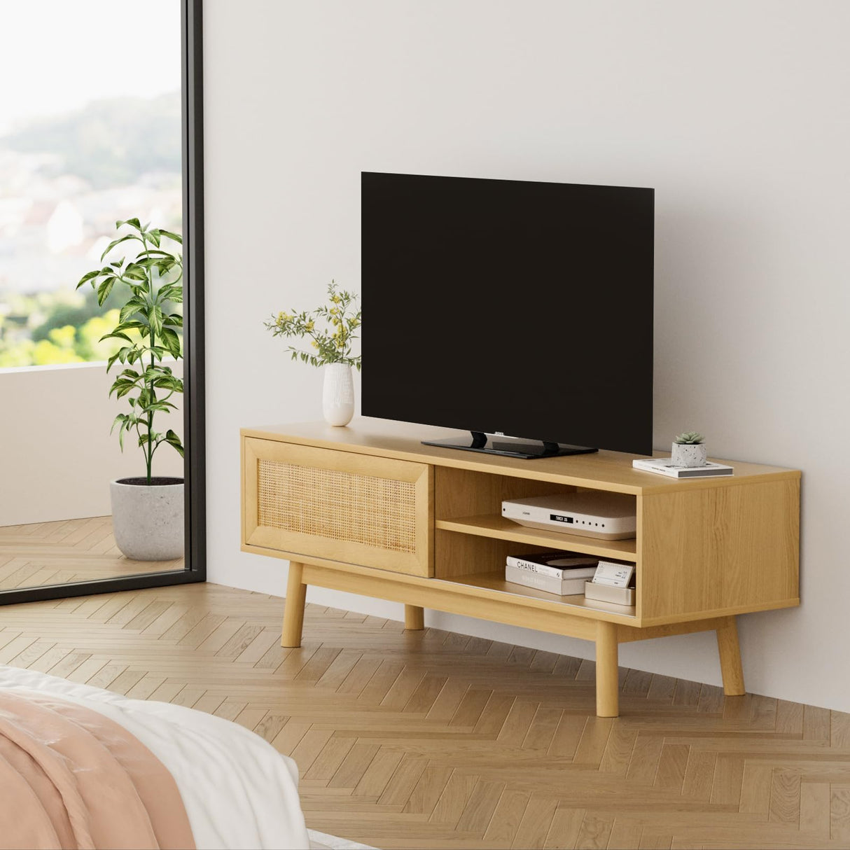 SYESWAY 46.8" Rattan TV Stand Boho TV Stand for up to 55 inches TV Entertainment Center with Natural Rattan Door Mid Century Modern TV Console for Living Room,Bedroom SYESWAY