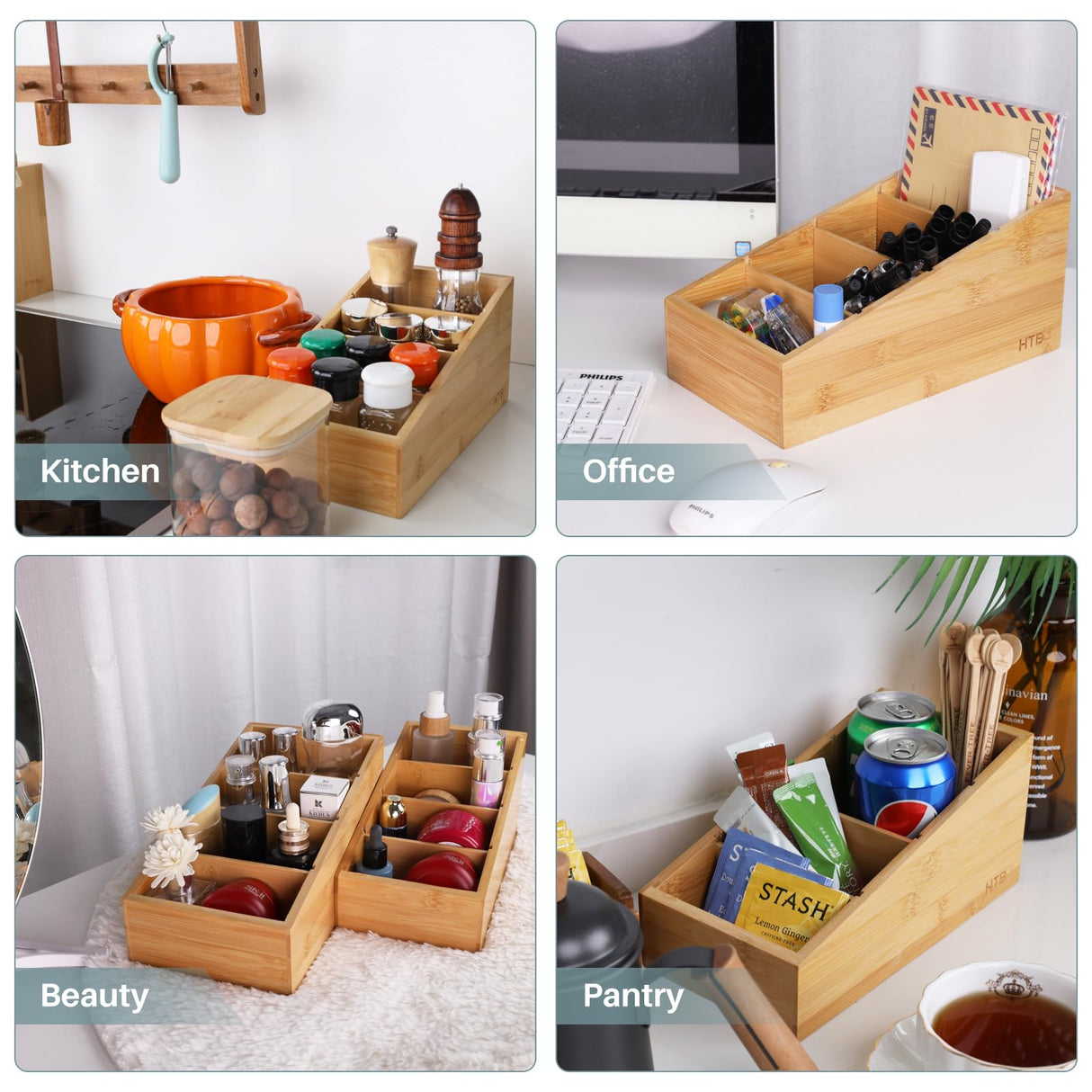 HTB 4-Section Snack Organizer with Removable Dividers for Kitchen, Cabinet, Office, Countertop, 2 Pack Bamboo Pantry Storage Organization for Spice Packets, Seasoning Pouches, Coffee Pods HTB