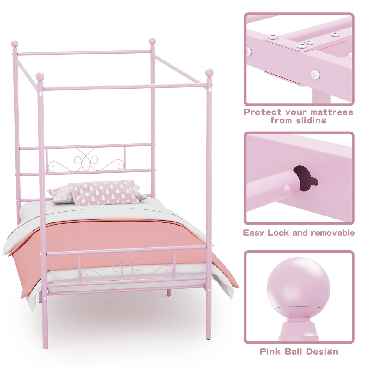 Weehom Twin Canopy Bed Frame with Headboard and Footboard, 4 Posters Metal Bed Frame, No Box Spring Needed, Mattress Foundation Platform Bed for Kids and Adults, Pink Weehom