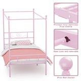 Weehom Twin Canopy Bed Frame with Headboard and Footboard, 4 Posters Metal Bed Frame, No Box Spring Needed, Mattress Foundation Platform Bed for Kids and Adults, Pink Weehom