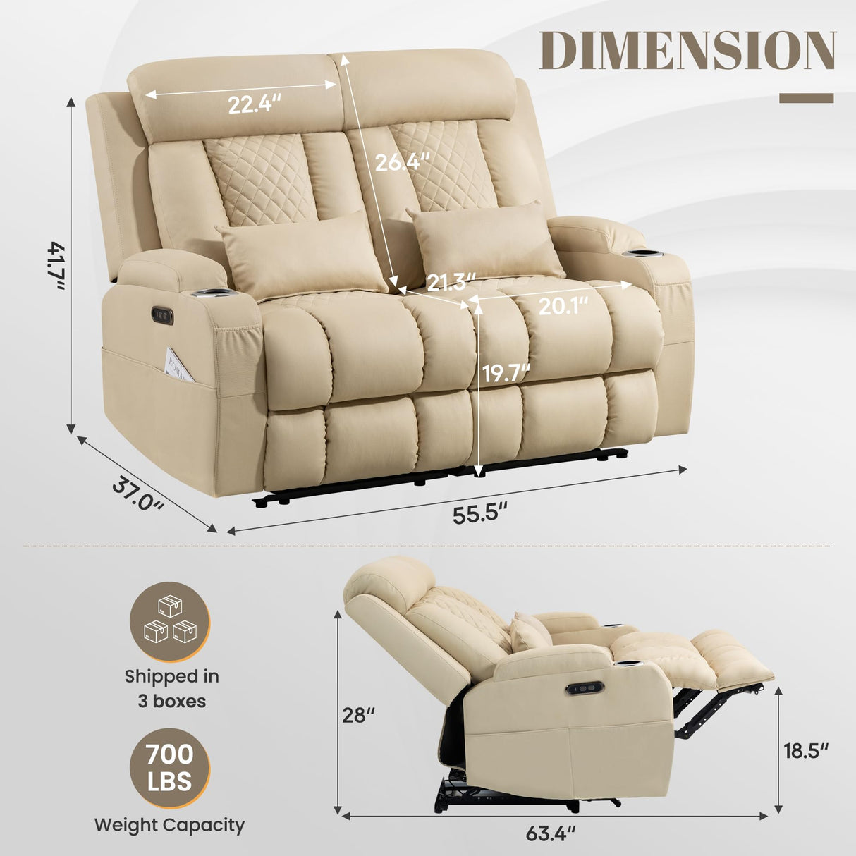 Neptane Zero Wall Hugger Power Reclining Loveseat with Adjustable Headrest, Power Loveseat Recliner Sofa with USB&Type-C Ports, Wall Hugger Loveseat Recliner for Living Room(Beige, 2 Seater) Neptane