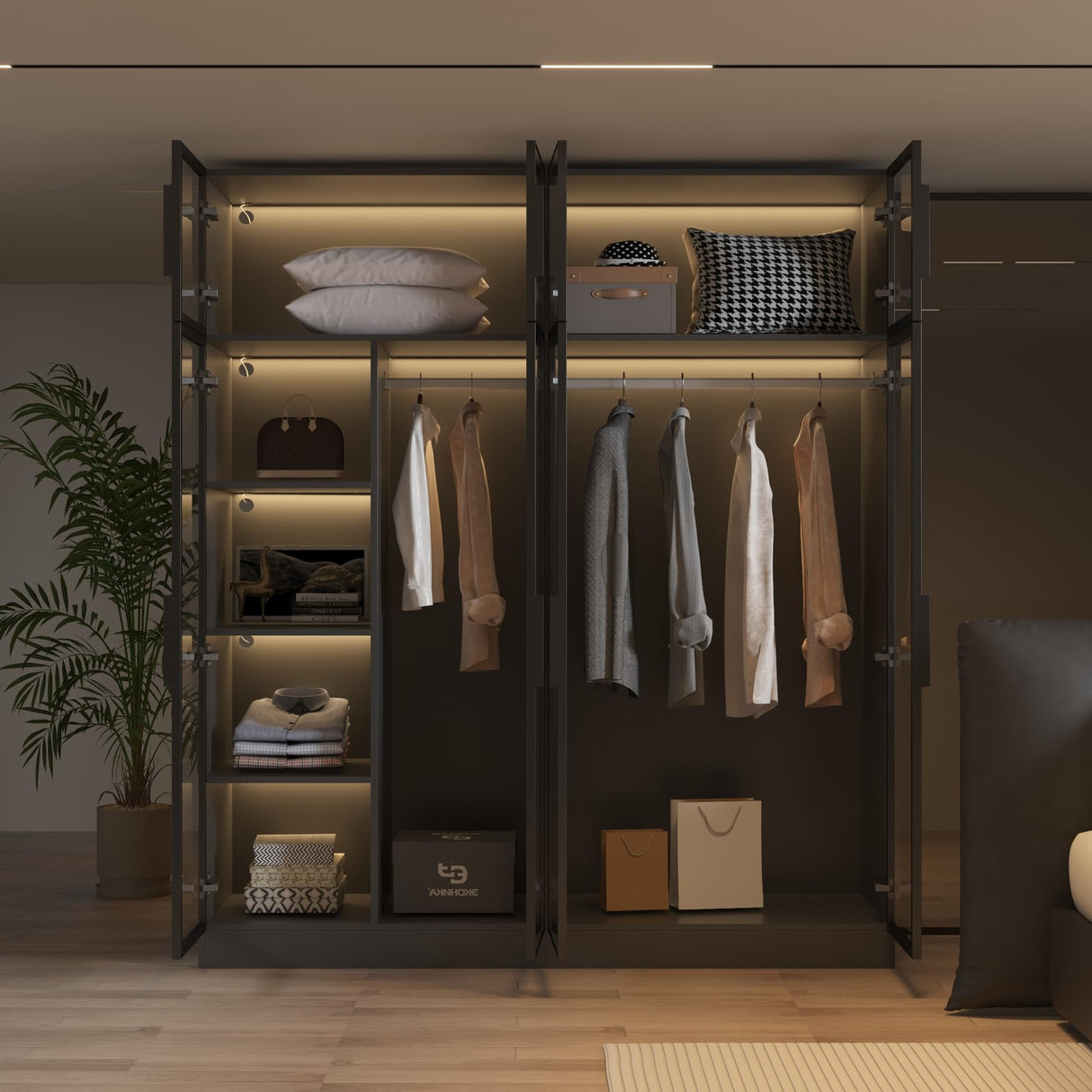 Hitow Wardrobe Cabinet with LED Light Strips, Modern Armoire Closet with Glass Doors, 59.1" W Large Bedroom Armoire Clothes Organizer with Shelve & Hanging Rods, Modern Glass Display Cabinet, Black Hitow