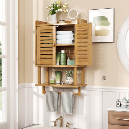 AmazerBath Bathroom Wall Cabinets, Bamboo Medicine Cabinets with Towel Bar, Wall Mounted Storage Cabinet with Adjustable Shelves, 2 Doors Over The Toilet Storage for Small Spaces,8.3x16.5x26. - WoodArtSupply