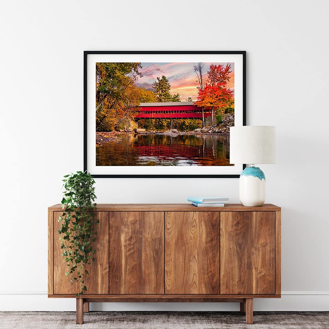 Handmade Arting Diamond Painting Landscape Beautiful Red Covered Bridge in Fall Trip Vacation View Warm Water for Adult Painting Kits Diamond Art Perfect for Home Wall Decor 12inchx16inch Handmade Arting