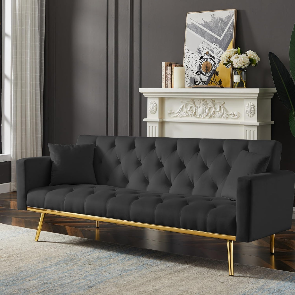 73" Modern Velvet Sofa Bed Futon,Convertible Sleeper Sofa Couch with 3 Angle Adjustable Backrest, Modern Loveseat with 4 Golden Metal Legs for Living Room and Bedroom (Black) oaaktu