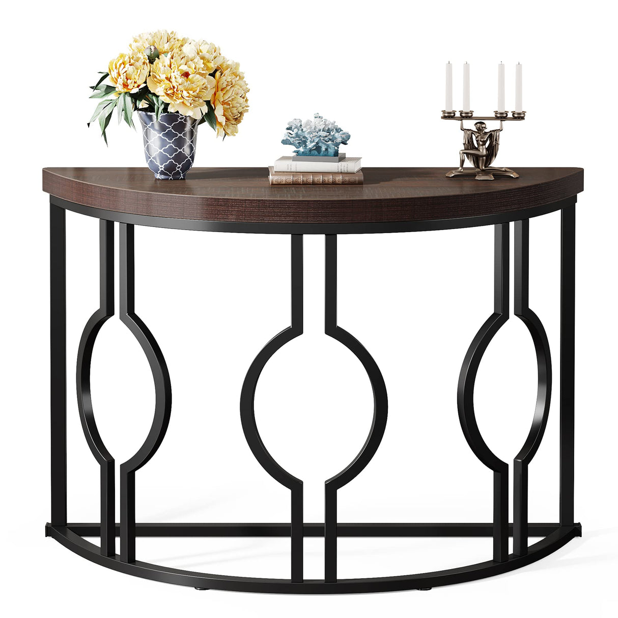 Tribesigns Half Moon Console Table for Entryway, 43 Inch Industrial Semi Circle Sofa Table with Geometric Base, Wood Accent Table for Living Room, Hallway, Foyer, Entrance, Rustic Brown Tribesigns