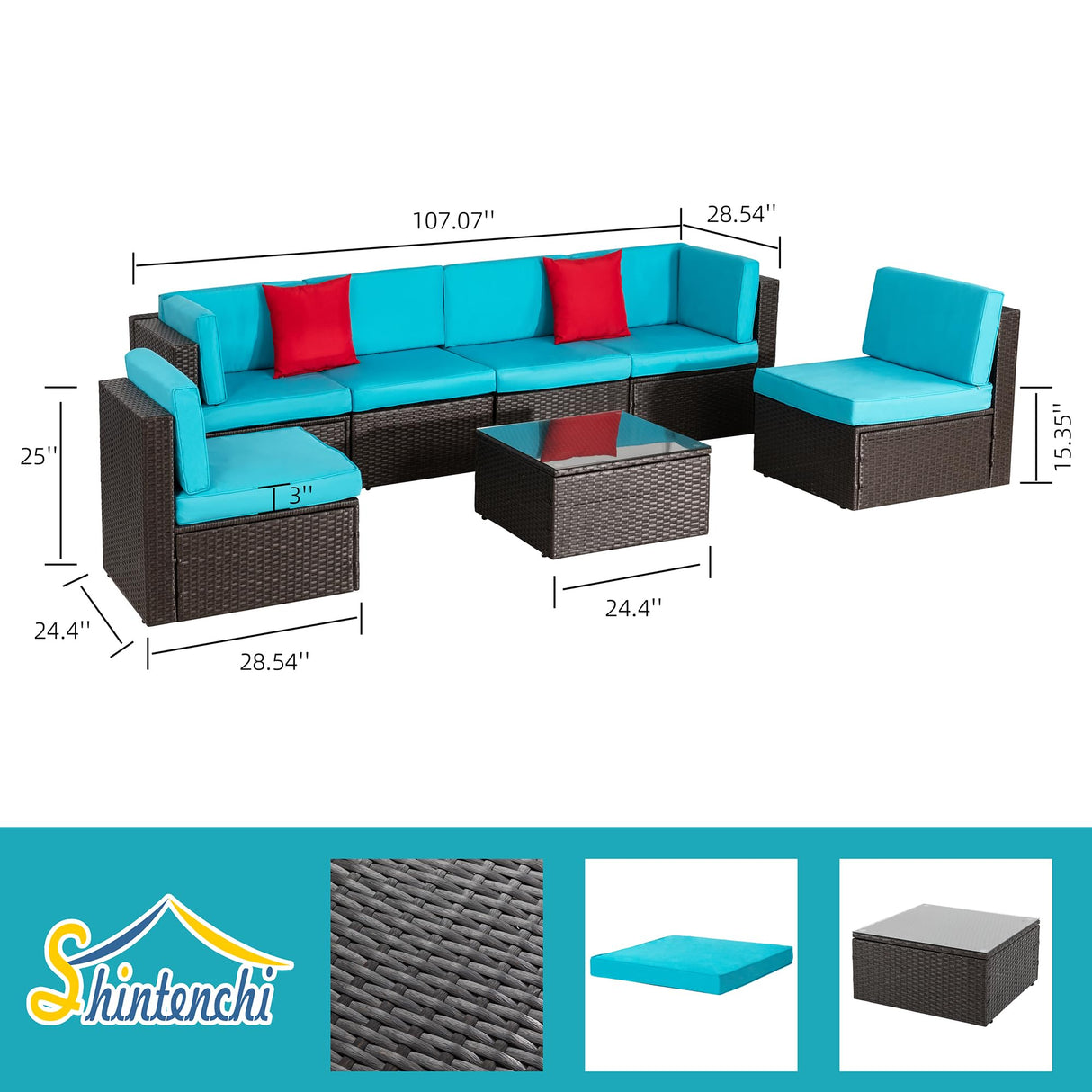 Shintenchi 7 Pieces Patio Furniture Sets Outdoor All-Weather Sectional Patio Sofa Set PE Rattan Manual Weaving Wicker Patio Conversation Set with Glass Table&Ottoman Cushion and Red Pillows, Blue Shintenchi
