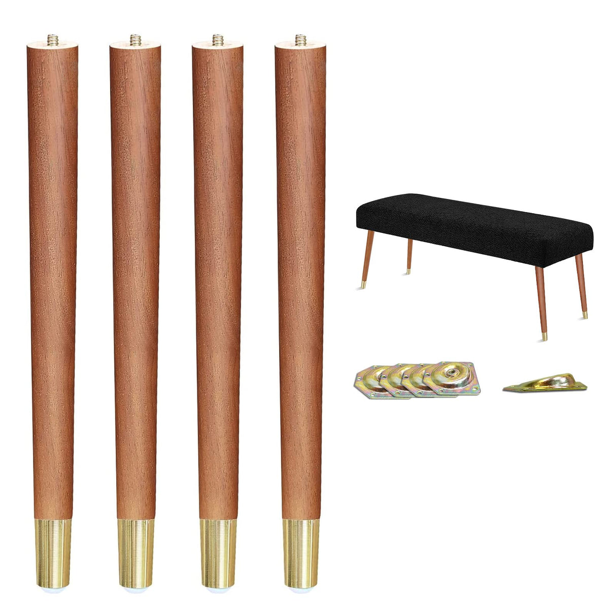 XBurmo Mid Century Table Legs,16'' Angled Tapered Solid Wood Table Legs for Stool Bench,Legs for Furniture set of 4 with Gold Metal Edge Mounting Plates XBurmo