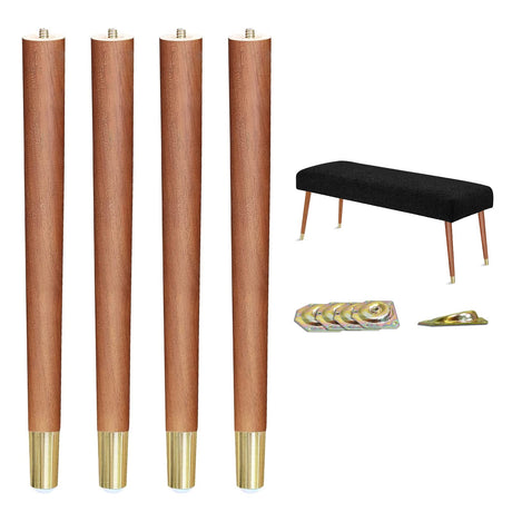XBurmo Mid Century Table Legs,16'' Angled Tapered Solid Wood Table Legs for Stool Bench,Legs for Furniture set of 4 with Gold Metal Edge Mounting Plates XBurmo