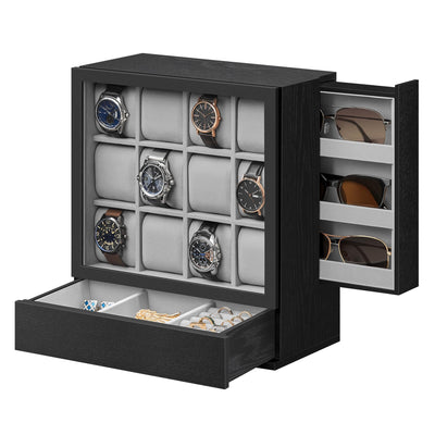 SONGMICS 12-Slot Wooden Watch Box, Watch Display Case with Window, Watch Display Cabinet with Solid Wood Veneer, Velvet Lining, Vertical Storage,