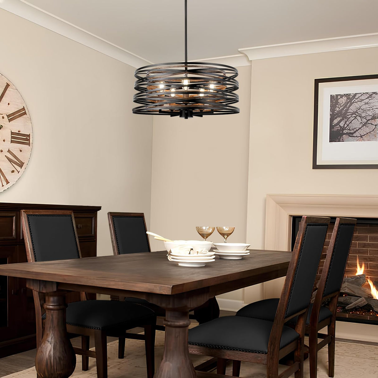 WBinDX 5-Light Drum Chandelier, 18.9'' Black Faux Wood Metal Farmhouse Dining Room Light Fixture, Rustic Industrial Retro Hanging Round Chandeliers for Kitchen Table Foyer Entryway Living Room WBinDX