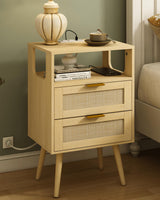 Veegle Rattan Nightstand with Charging Station,Modern Bedside Table with 2 Storage Drawer and Open Wood Shelf, for Bedroom and Small Spaces,Night Stand with Solid Wood Legs (Yellow Oak) Veegle