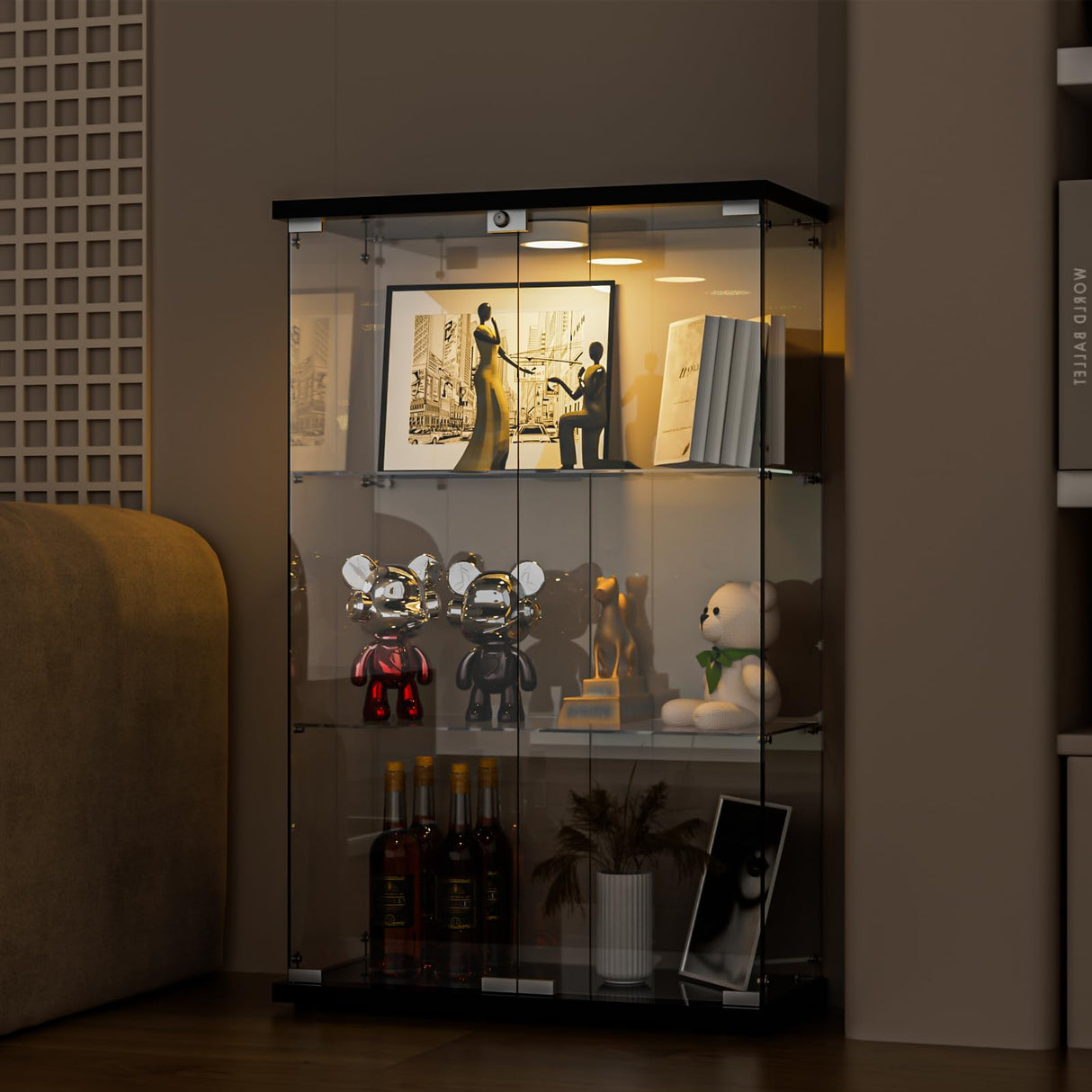 FANYUSHOW Glass Display Cabinet with LED Light, 2 Doors and Lock, Quick-Install Style 3-Shelf Curio Cabinet 5mm Tempered Glass Bookshelf for Living Room, Bedroom, 49" H x 32''L x 14''W (Black) FANYUSHOW