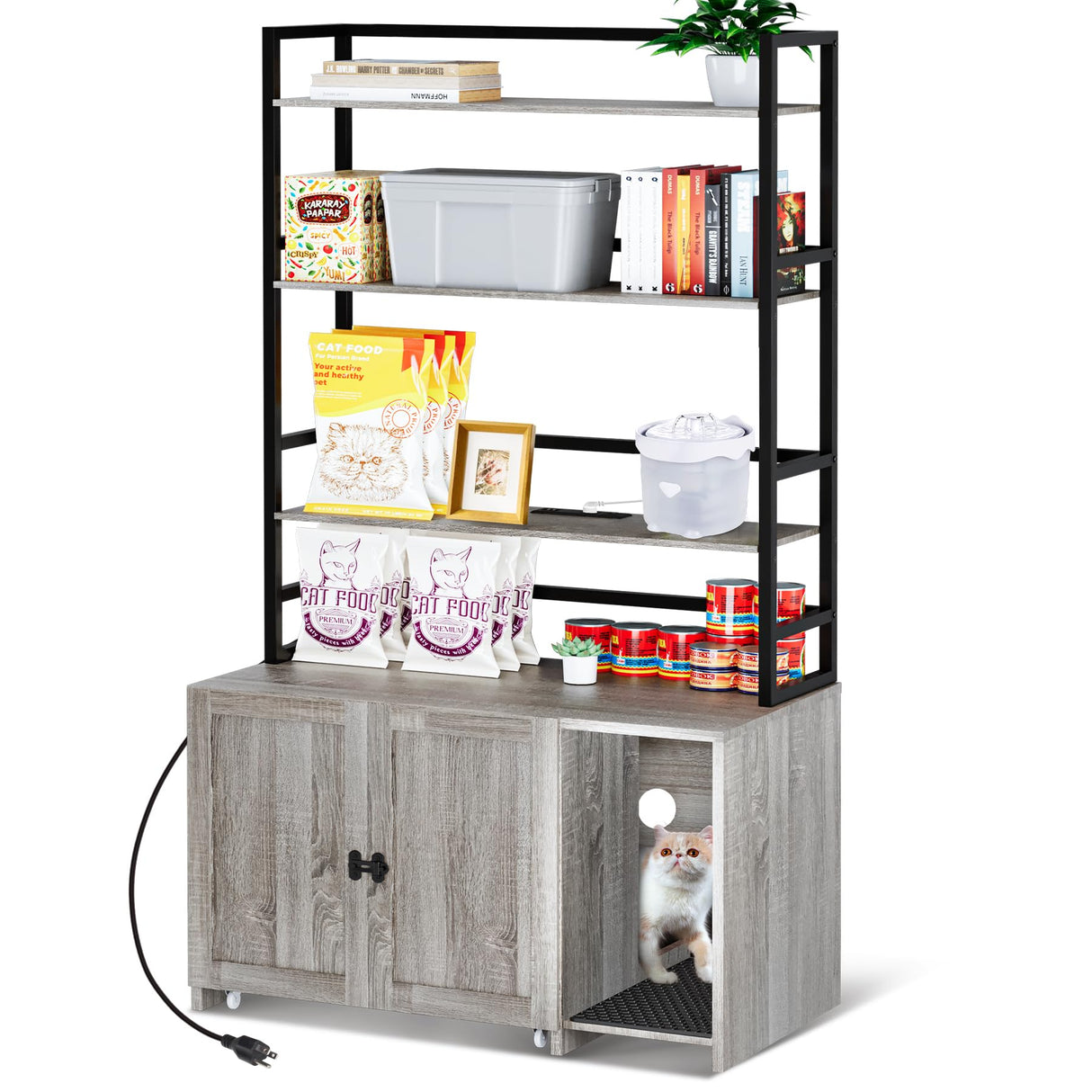 STMHOM 60 Inch Tall Cat Litter Box Enclosure Furniture with Shelves, Hidden Cat Litter Box Furniture 32" x 19" x 60", Wooden Litter Box Cabinet with Sockets and Pull Out Tray, Grey STMHOM