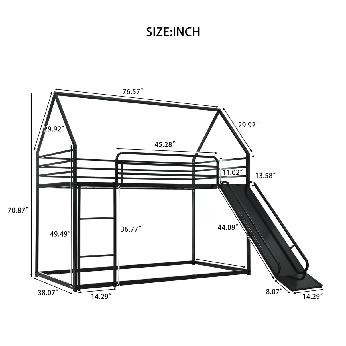 EMKK Twin Over Twin Bunk Bed with Slide and Ladder, Junior House Low Bunk Bed Metal Bunkbeds w/Safety Guardrail for Girls, Boys, Floor Bunk Bed, No Box Spring Needed, Easy to Assemble EMKK