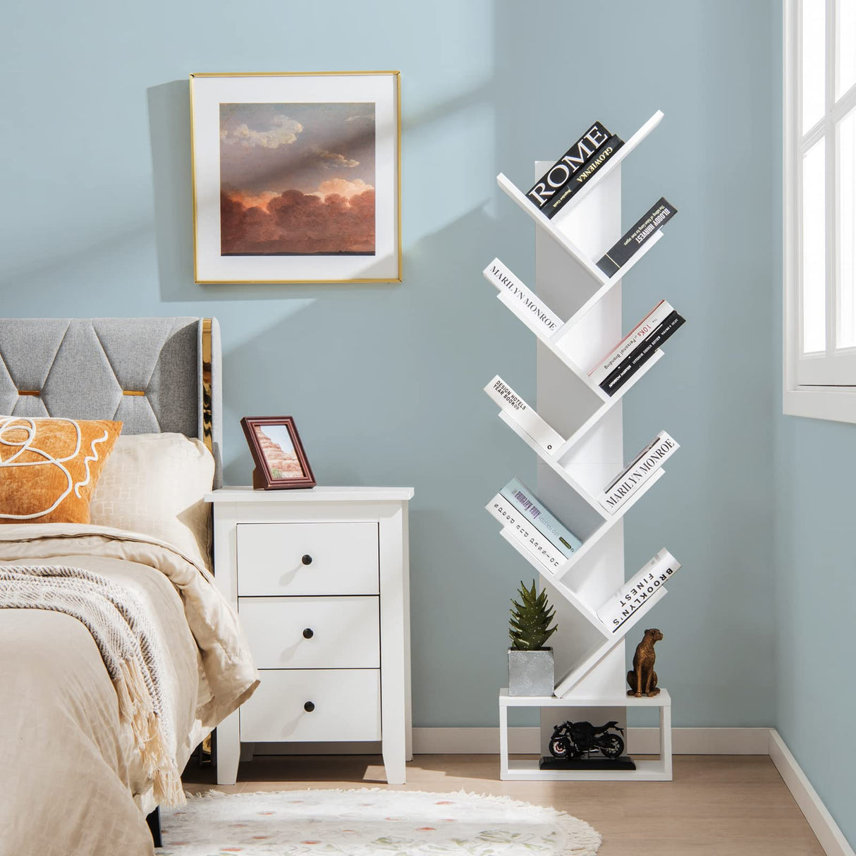 Tangkula 10 Tier Tree Bookshelf with Drawer, Floor Standing Storage Rack for CDs, Movies & Books, Display Utility Shelves for Bedroom, Living Room & Home Office (White, 10 Tier) Tangkula
