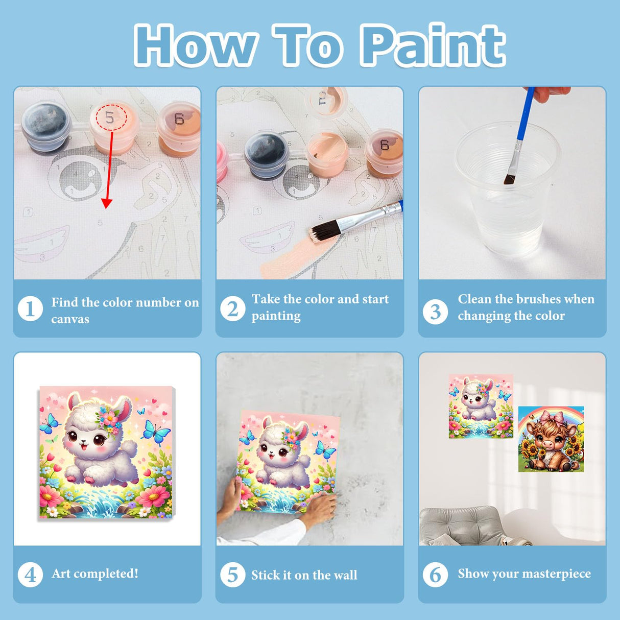 hkejoi 4 Pack Kids Paint by Number Framed - Cartoon Paint by Numbers Kit, Perfect for Gift or Home Wall Decor 8x8inch hkejoi