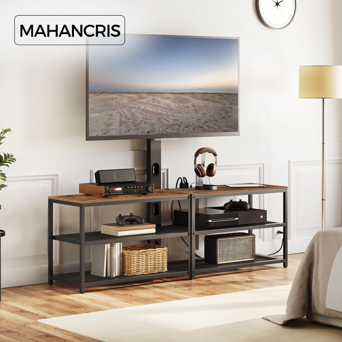 MAHANCRIS 59" TV Stand with Mount and 4 Power Outlets, Entertainment Center Media Console, Swivel TV Stand Mount up to 75 inch TVs, Height Adjustable, Metal Frame for Living Room, Bedroom TVHR35E01V