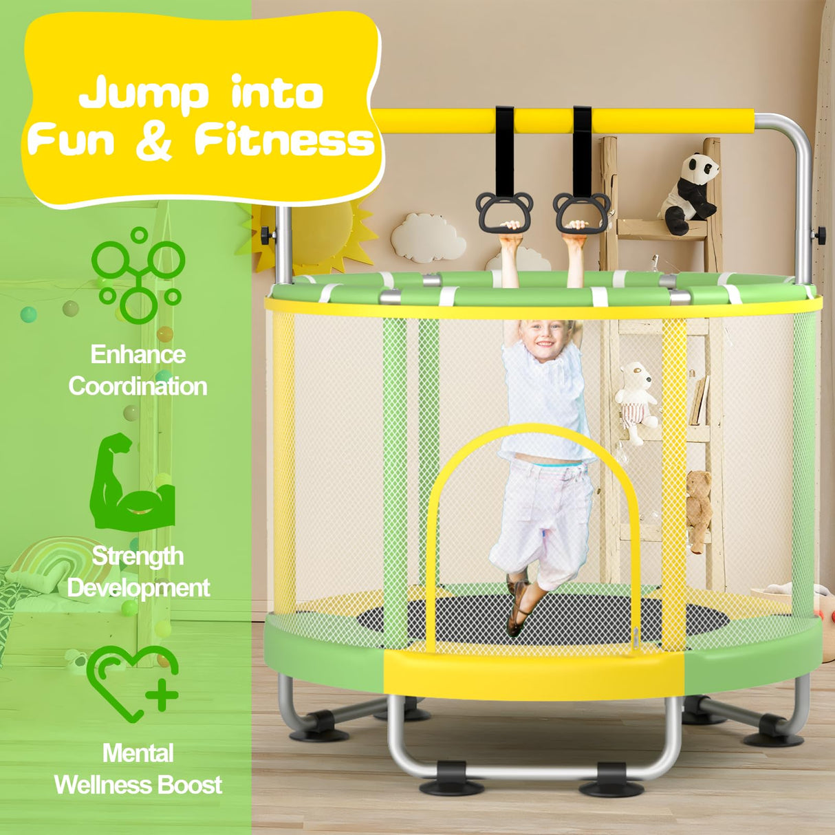 ZCMHAXJ 55" Trampoline for Kids with Enclosure, 440lbs Capacity Indoor & Outdoor Toddler Trampoline with Adjustable Gymnastics Bar & Toys, for Boys & Girls ZCMHAXJ