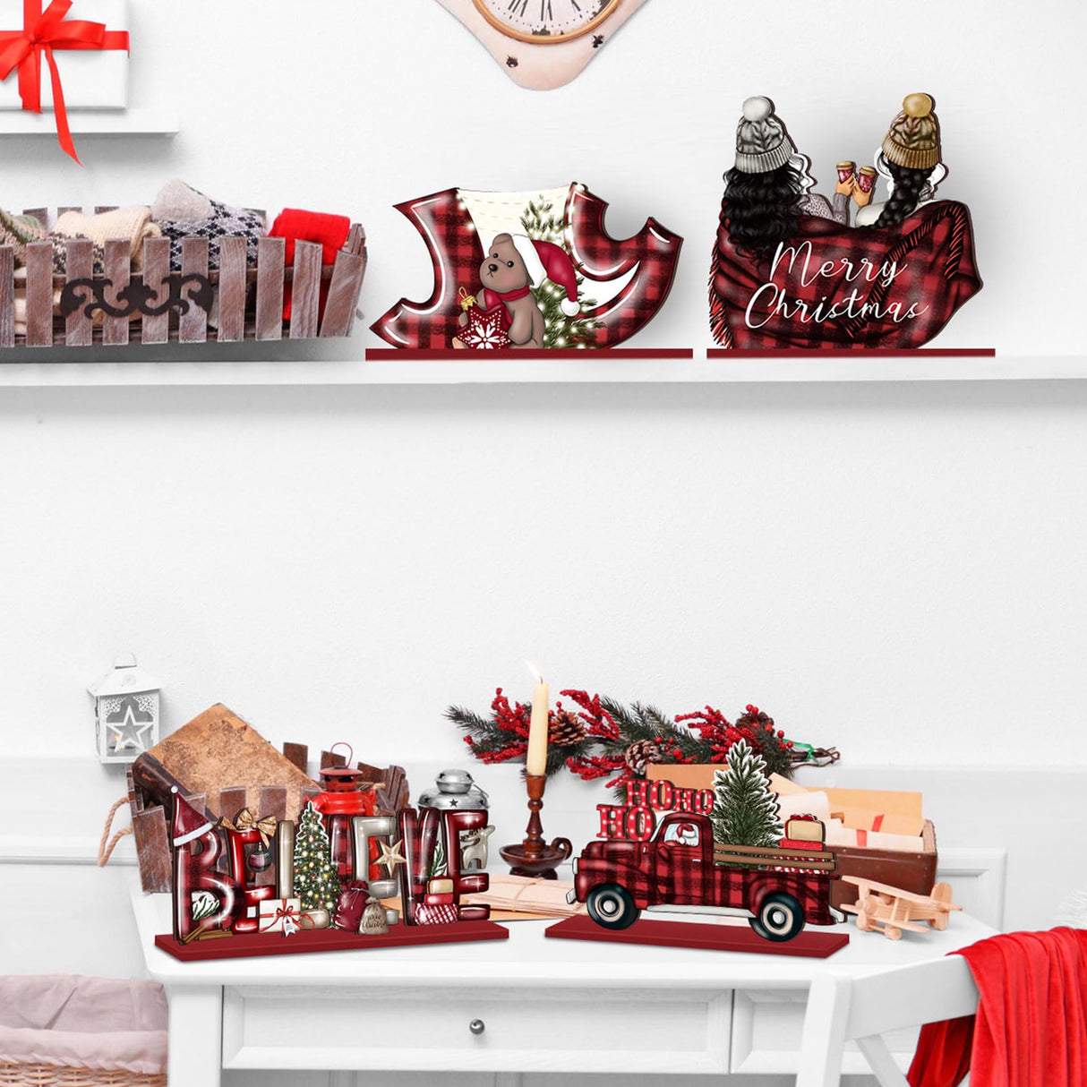 CroBlissful 6 Pcs Christmas Table Decorations Winter Centerpiece Buffalo Plaid Red Black Gnome Signs Farmhouse Wooden Table Top Signs Rustic Christmas Decor for Office Desk Indoor Tiered Tray Decor CroBlissful