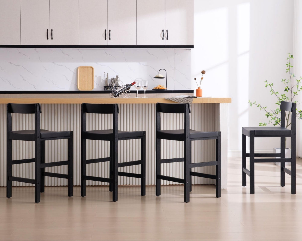 HNY Black Bar Stools Set of 4, 26'' Counter Height Barstools Modern Counter Stools with Backs and Footrest Faux Leather Island Chairs, Farmhouse Wooden Stools for Kitchen Counter Island Home Bar HNY