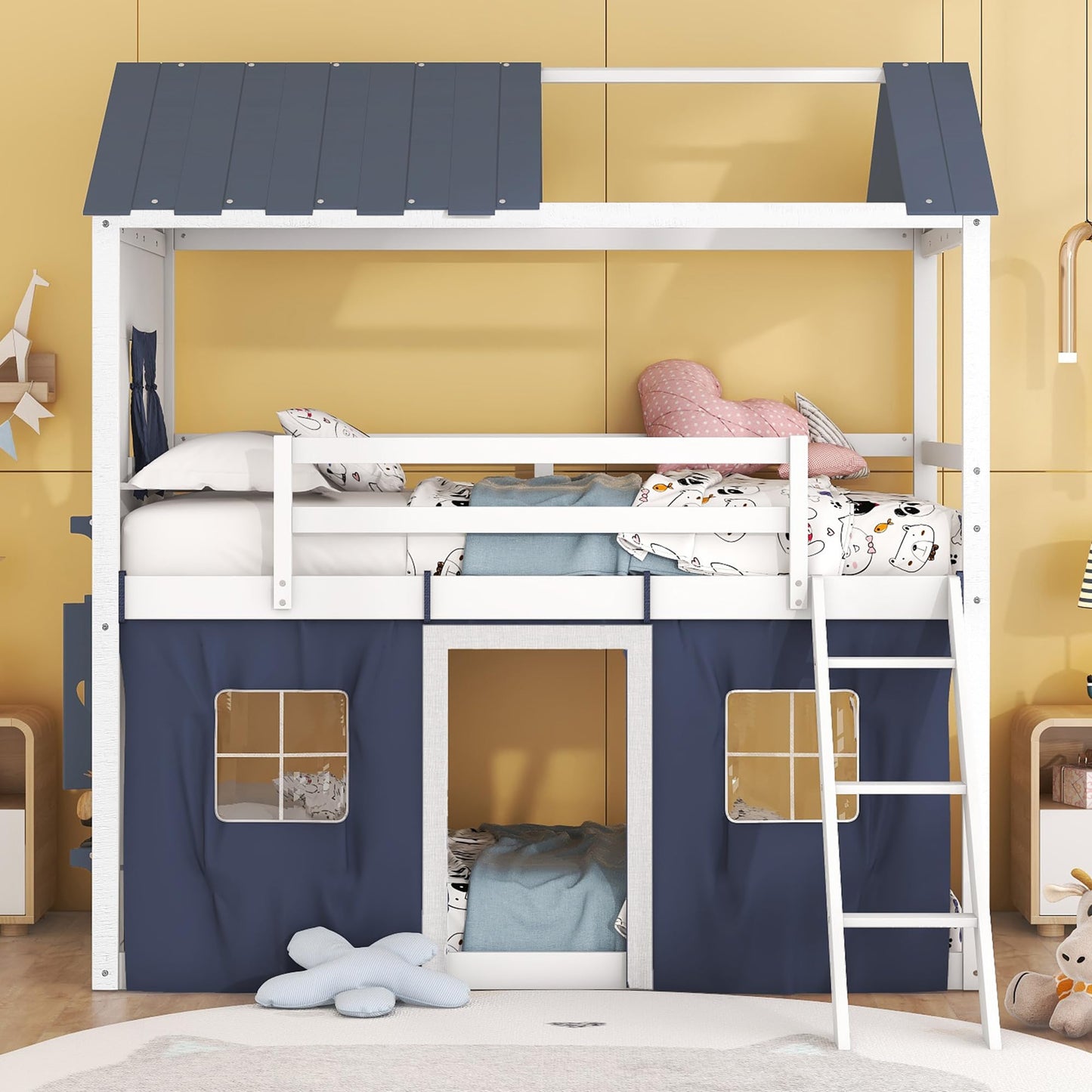 Harper & Bright Designs House Twin Loft Bunk Bed with Tent,Kids Twin Loft Bed with Ladders,Guardrail,Windows & Roof, Wood Twin Over Twin Playhouse Bunk Bed for Kids Teens Boys & Girls (Blue & White)