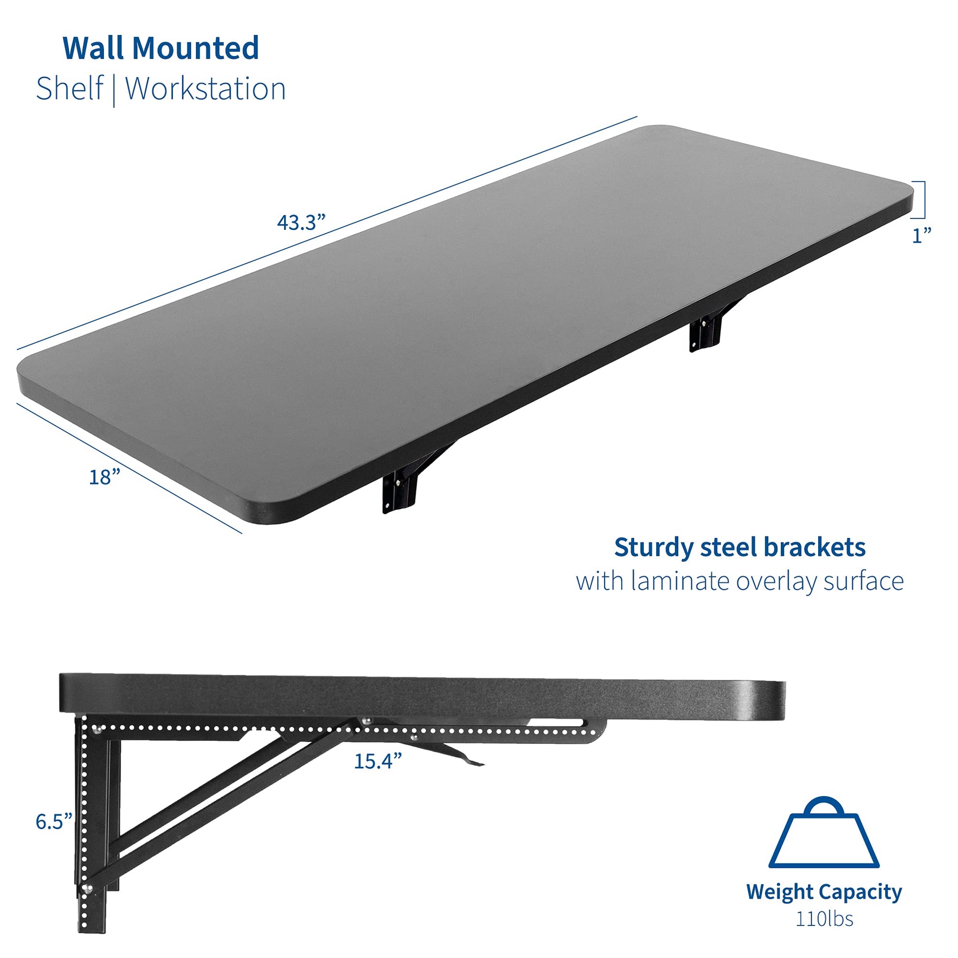 VIVO Wall Mounted Folding 43 inch Workbench, Fold Away Table Workstation Shelf with Adjustable Steel Brackets, Black, MOUNT-SF1FB - WoodArtSupply