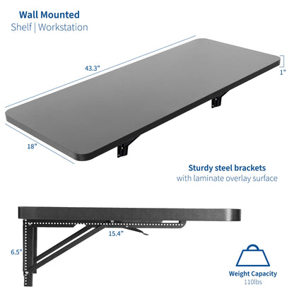 VIVO Wall Mounted Folding 43 inch Workbench, Fold Away Table Workstation Shelf with Adjustable Steel Brackets, Black, MOUNT-SF1FB - WoodArtSupply