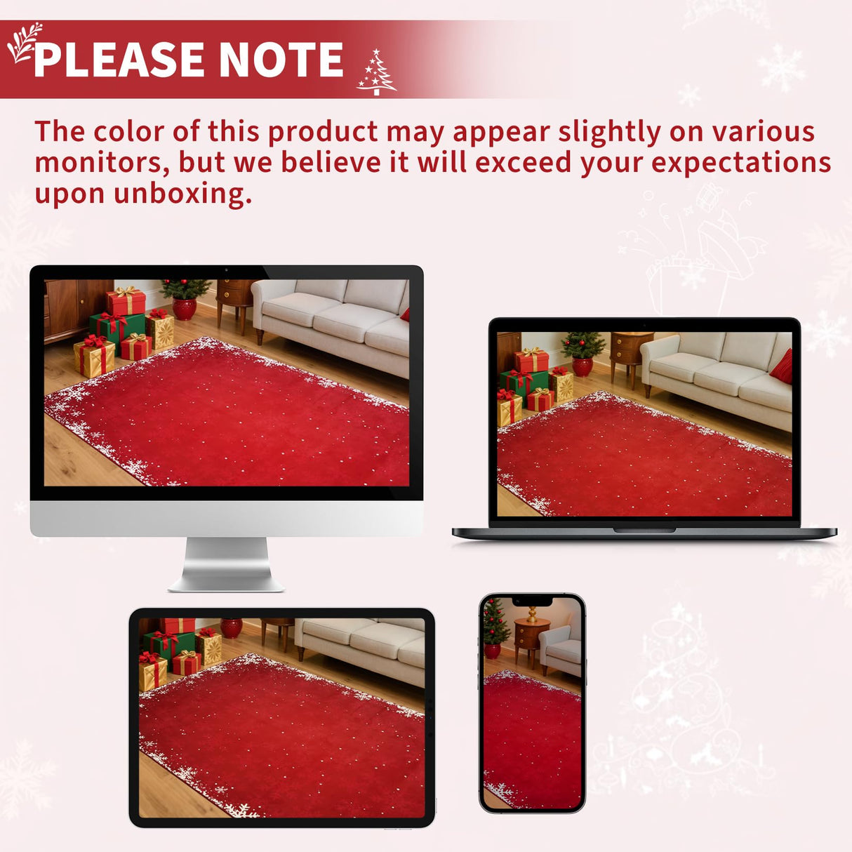 8x10 Living Room Area Rug Christmas Large Bedroom Rugs Non Slip Washable Xmas Decoration Dining Room Throw Carpet Soft Low Pile Snowflakes Rugs for Holiday Festival Boho Rug for Nursery Kitchen, Red RUGSREAL