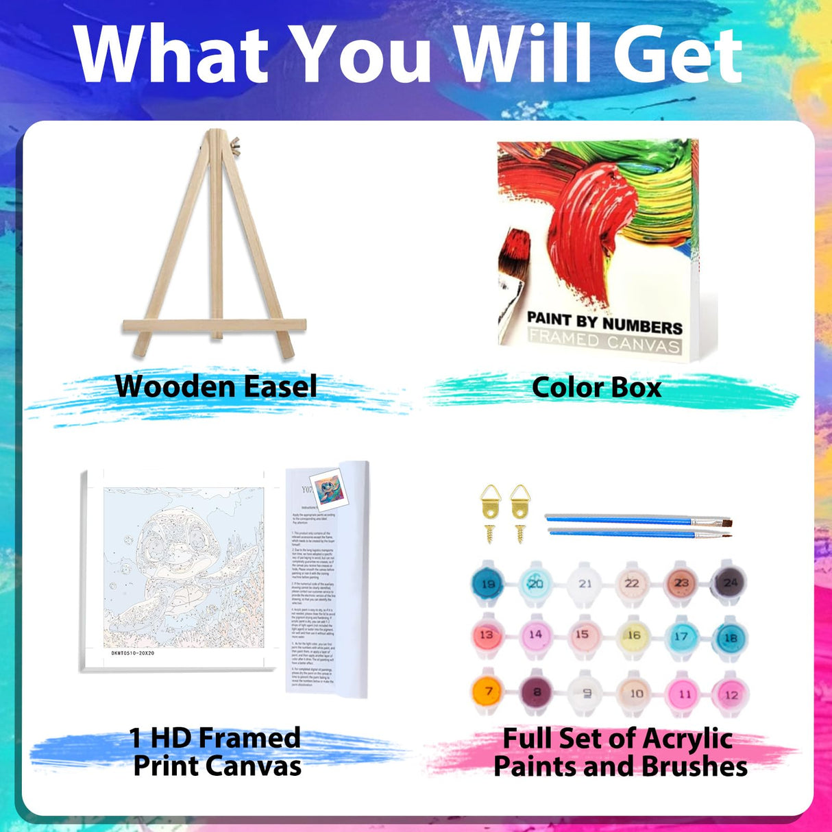 xcemhil Sea Turtle Paint by Numbers Kit for Kids with Wooden Easel Frame, Kid Paint by Number Kits, Turtle Paint by Numbers for Kids Age 5-12 for Gifts and Home Decor 8x8in xcemhil