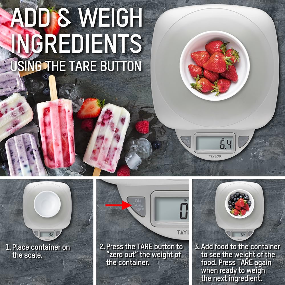 Taylor 11LB Capacity Digital Glass Top Kitchen Scale with LCD Display, Weight in Grams and Ounces for Baking, Cooking, and Meal Prep, Silver Taylor