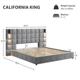 Christopher Knight Home Svens 46" High Headboard Bed, King Size Platform Bed Frame, Soft Velvet Upholstered California King Bed Frame, Square Pattern Design with Reading Lamps and USB Ports, Grey Christopher Knight Home