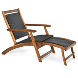 HAPPYGRILL Patio Chaise Lounge Chair with Retractable Footrest, Acacia Wood Lounge Chair, Rattan Wicker Folding Chaise Lounge, Collapsible Lounge Chair for Poolside Patio Garden Porch HAPPYGRILL