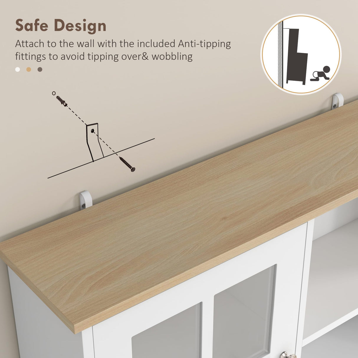 HOMCOM Kitchen Pantry Storage Cabinet, 72" Freestanding Cabinet with Hutch, Large Countertop, Glass Doors and Adjustable Shelves for Dining Room, Pure White HOMCOM