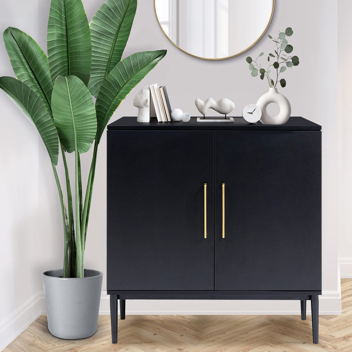Vrullu Modern Storage Cabinet, Free Standing Buffet Cabinet, Black Sideboard and Buffet Storage, Wood Accent Cabinet for Living Room, Hallway, Entryway, Dining Room, Bedroom (1, Black) Vrullu