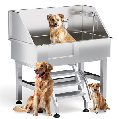 lunacme Dog Washing Station for Home, 38" Professional Dog Bathing Station Stainless Steel Dog Grooming Tub for Home,Equipped with Three Anti-Slip Steps, Removable Door, Pet Wash Station for Pet