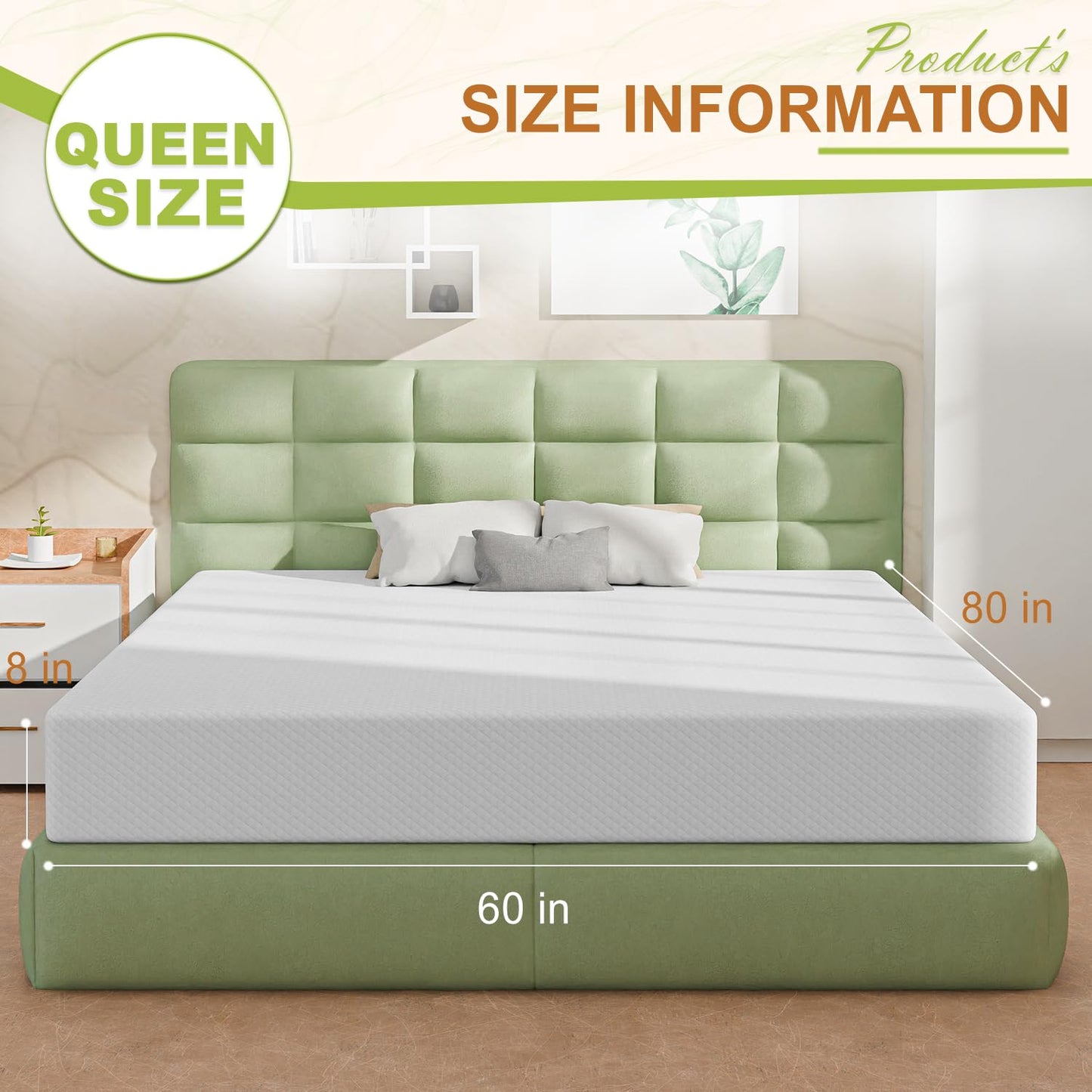 Nchanmar 8 Inch Queen Mattress, Gel Memory Foam Queen Size Mattress, Pressure Relieving, Cooling Gel Foam, Queen Mattress in a Box, Certipur-Us Certified, Bed-in-a-Box, Queen, 80"L x 60"W x 8"Th,White